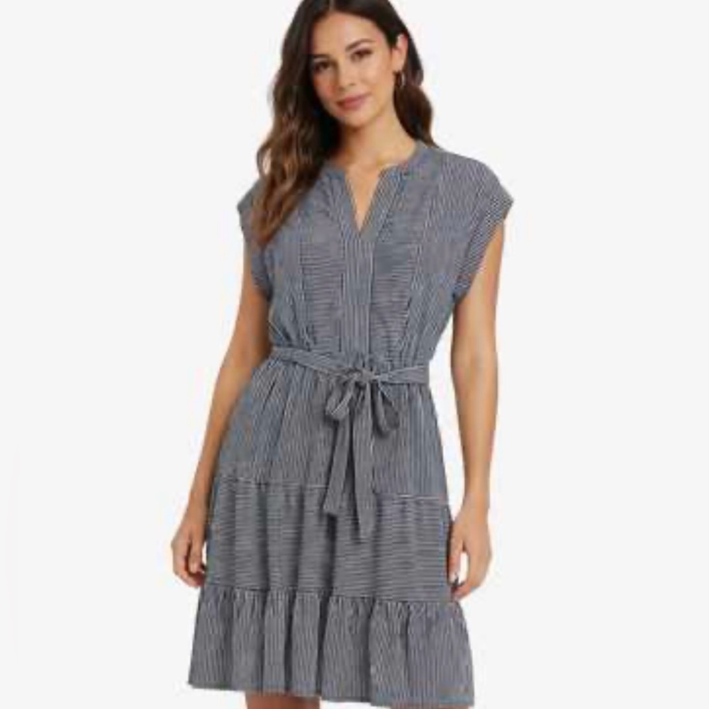 Monteau black & white striped drop shoulder tiered skirt midi dress